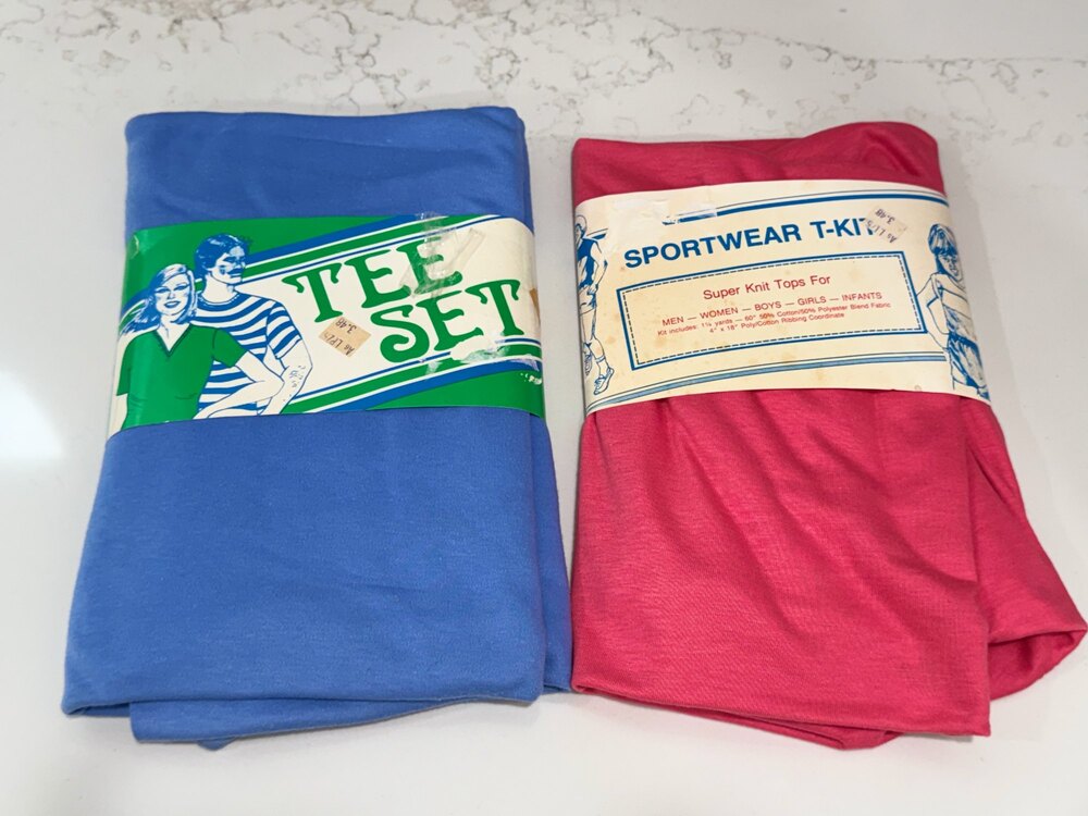 2 Vtg 70s 80s Deadstock T-Shirt Fabric Kits Cotton Poly Knit Jersey Blue Pink NO
